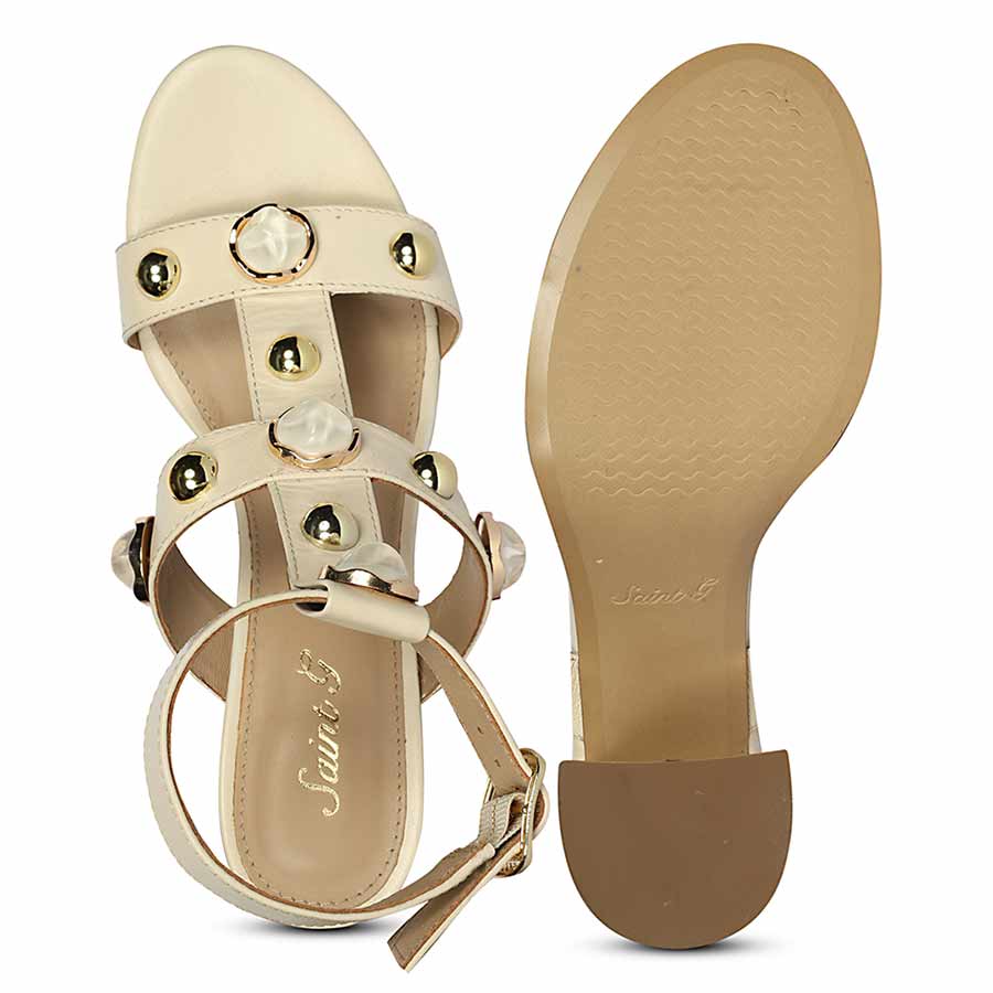 Saint Hope Studded Off white Leather Block Heels