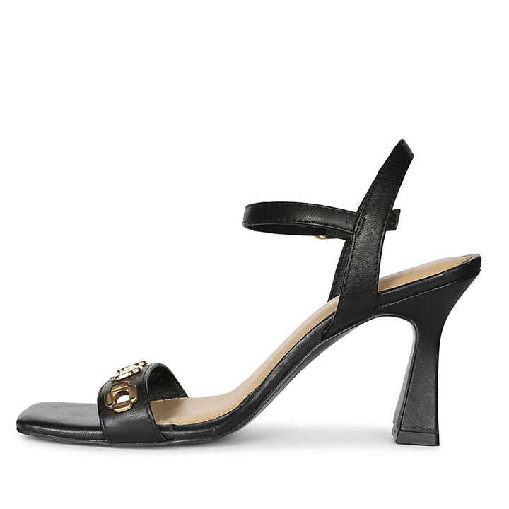 Saint Dahlia Gold Flower Eyelets Black Leather Heels