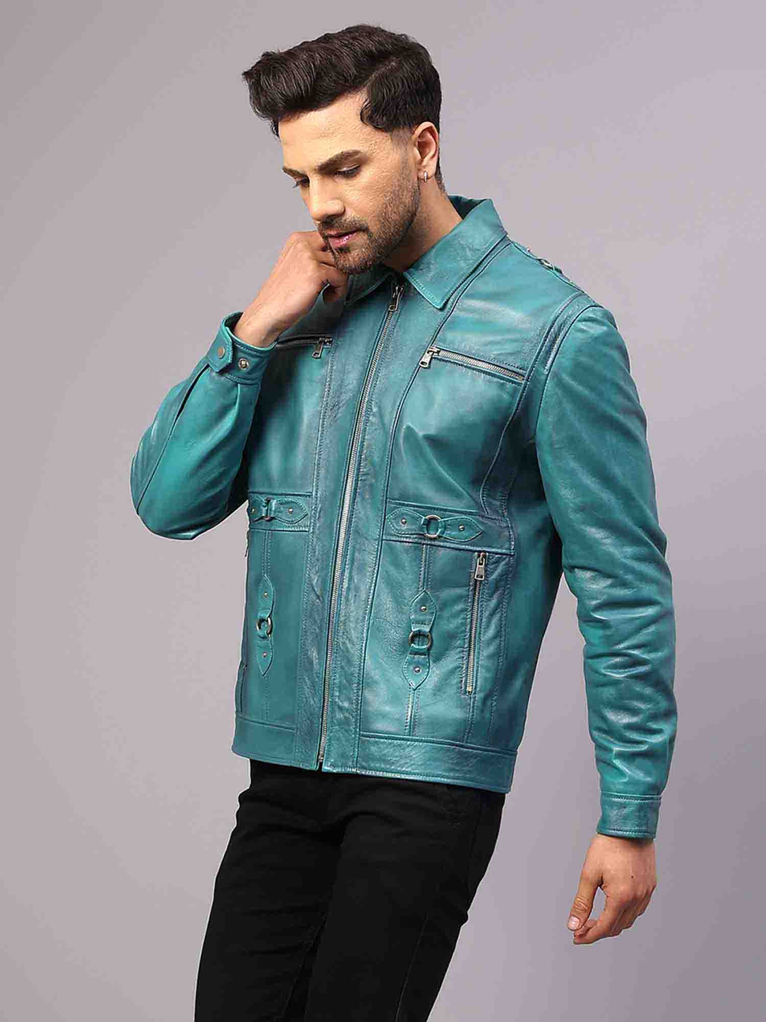 Saint Benjo Turquoise Leather Men's Jacket – SaintG USA