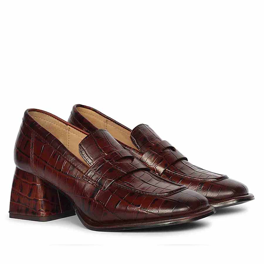 Saint Viviana Croc Embossed Chocolate Leather Moccasins