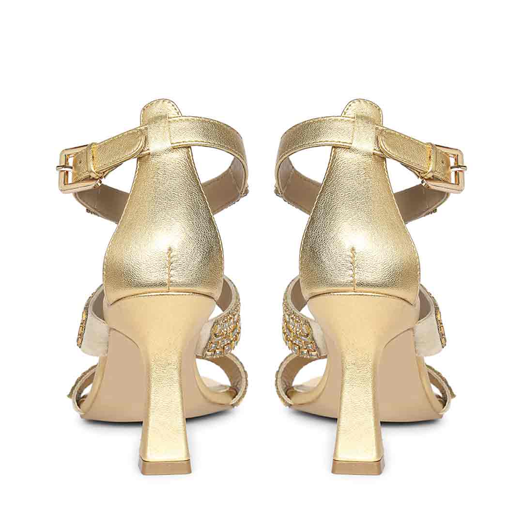 Saint Eloria Crystal Gold Leather Flared Stiletto Heels