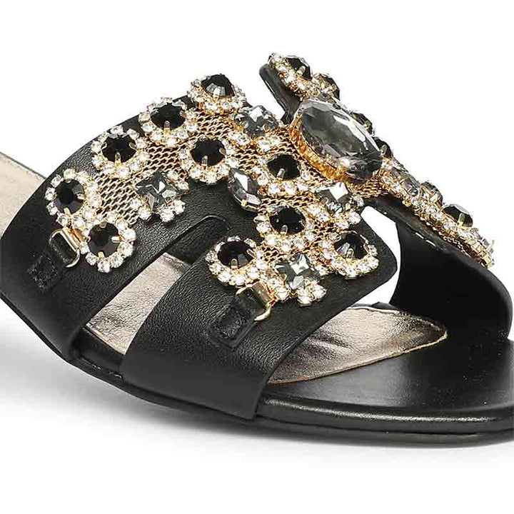 Saint Fiorenza Stone Embroidered Black Leather Block Heels