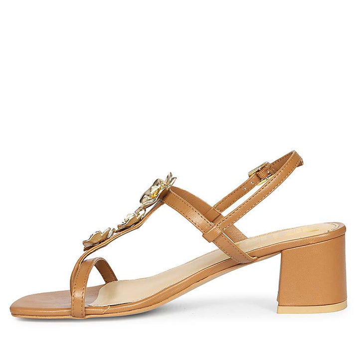 Saint Dorian Gold Flower Tan Leather Block Heels