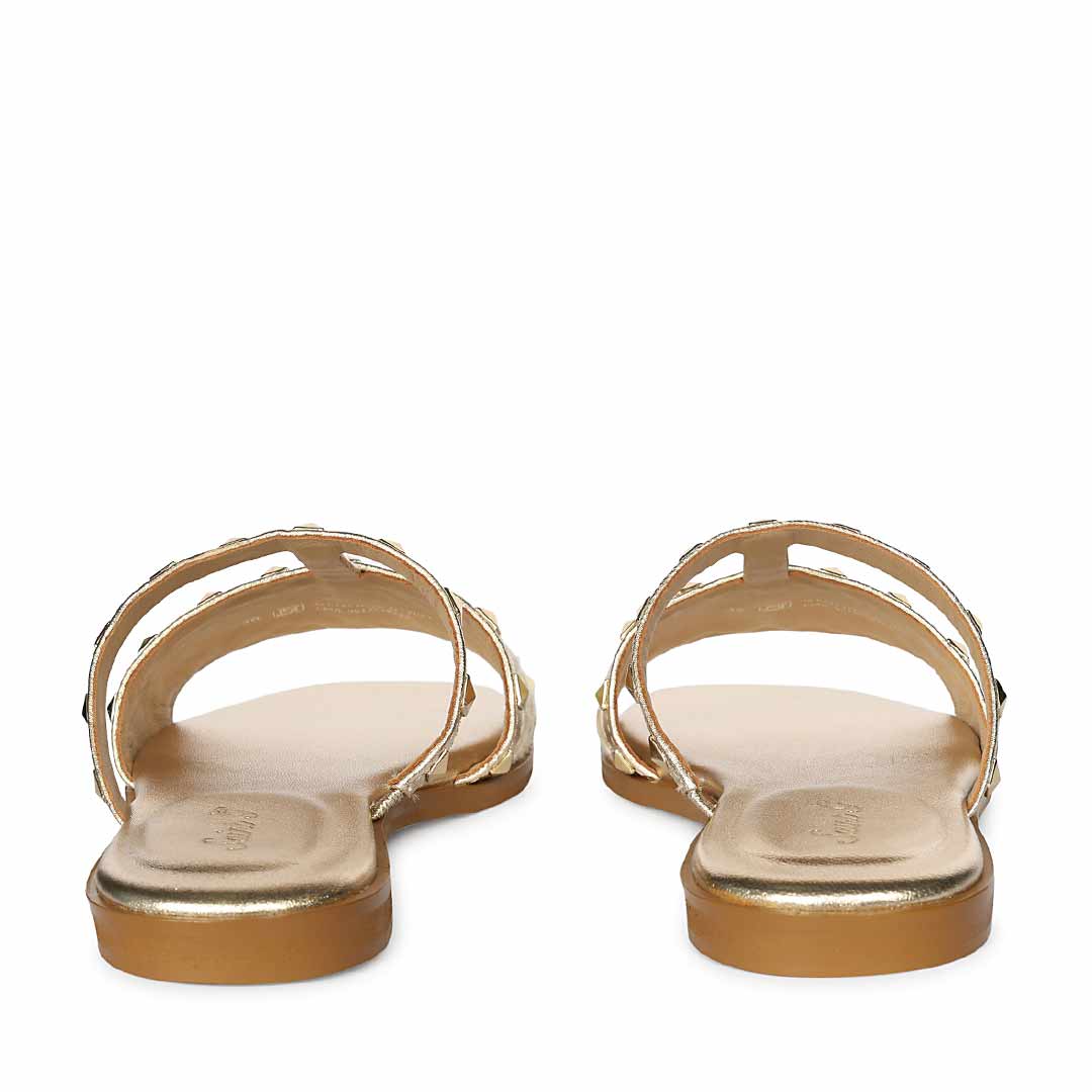 Saint Nylah Raffia & Pyramid Stud Metallic Gold Leather Slide