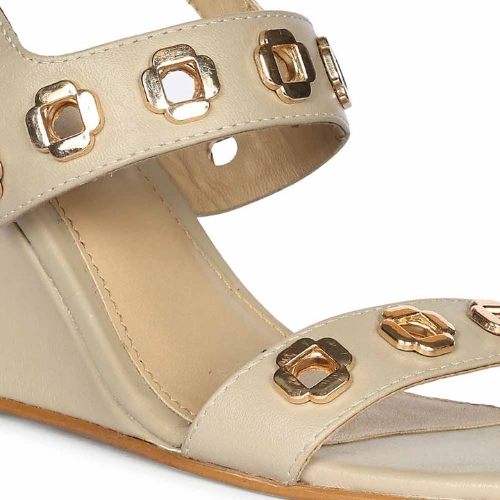 Saint Kendall Gold Flower Eyelets Beige Leather Wedge Heels