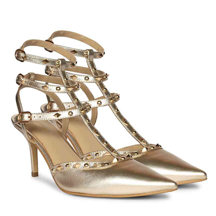 Saint Brittany Studded Cage Gold Leather Pumps
