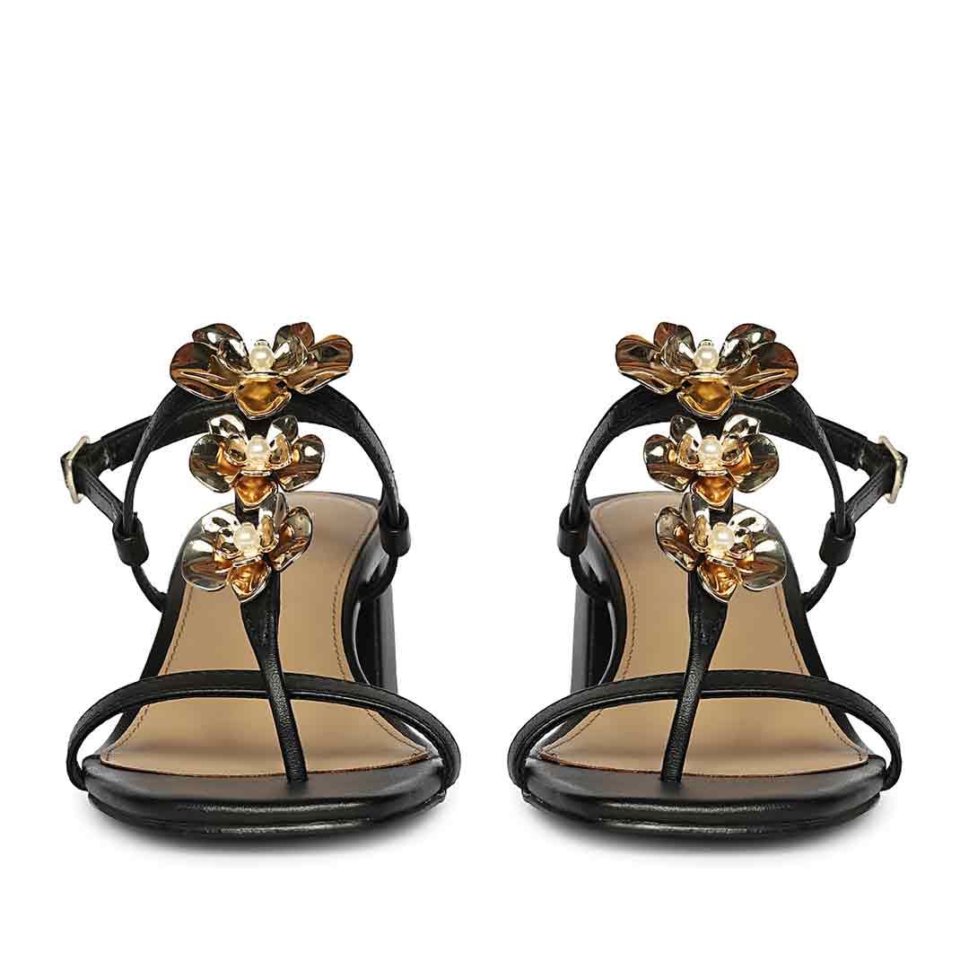 Saint Dorian Gold Floral Embellished Leather Block Heels