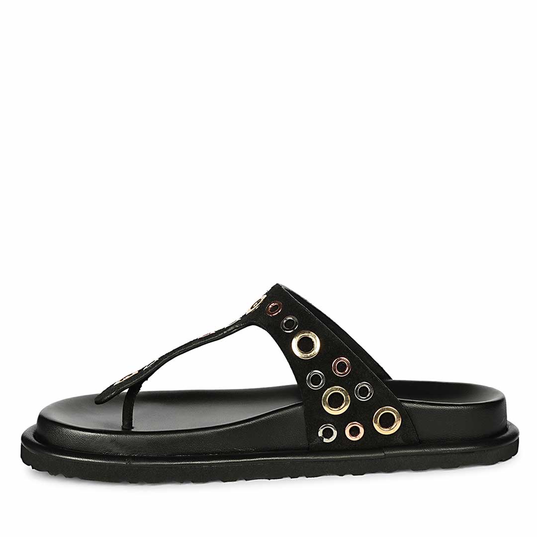 Saint Raelyn Eyelet Black Leather Footbed Sandals