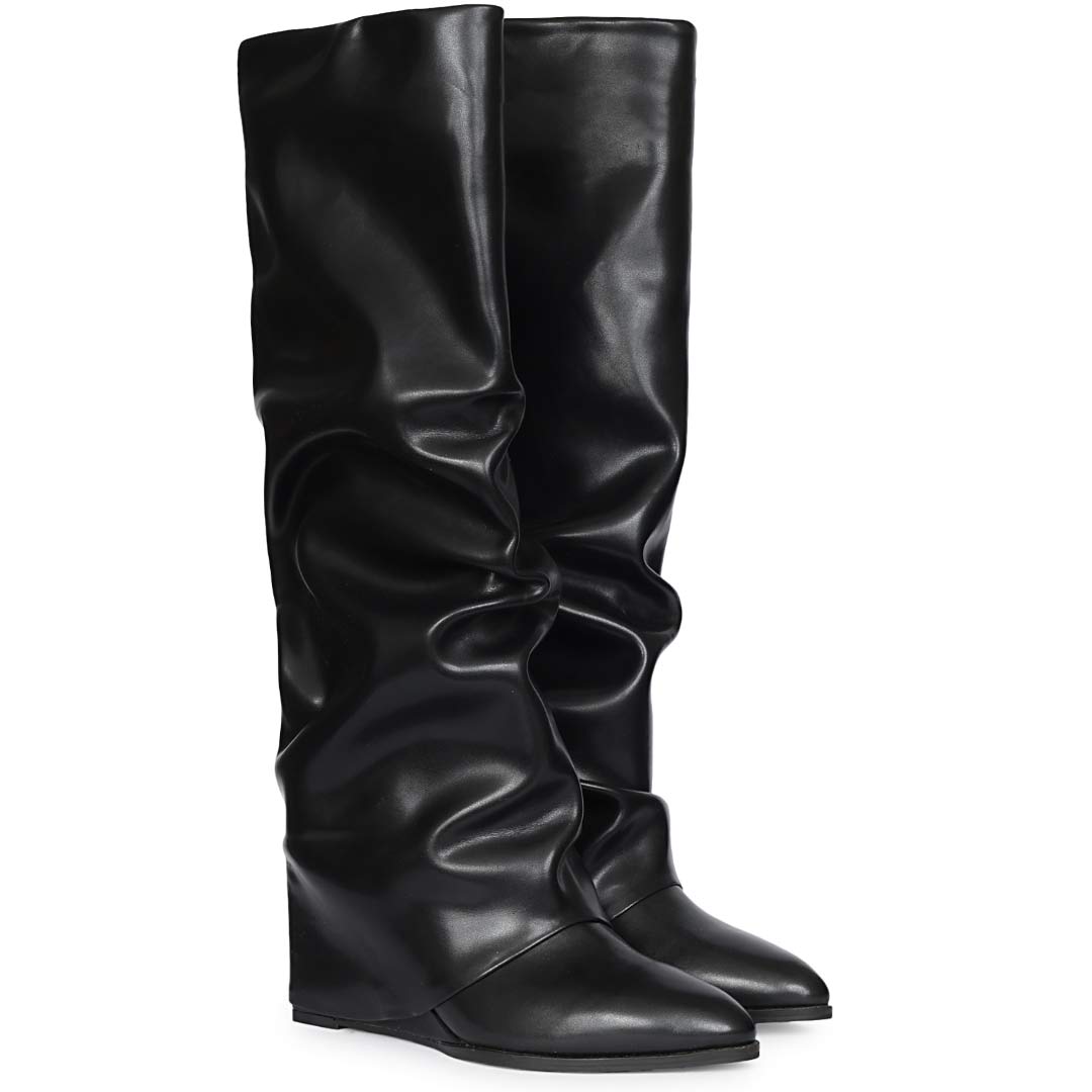 Saint Arlet Slouch Fold-Over Black Wedge Knee-High Boots