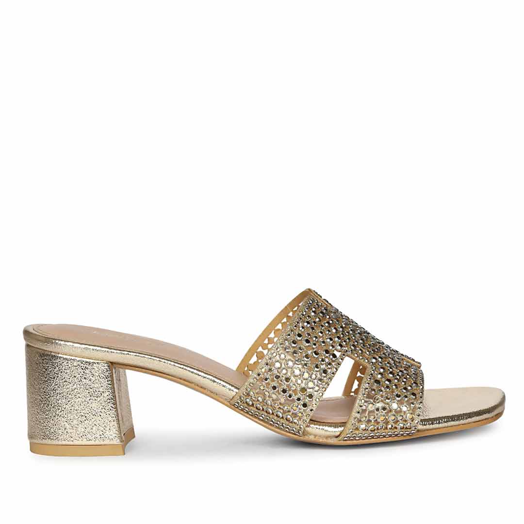 Saint Saylor Crystal Gold Leather Block Heels