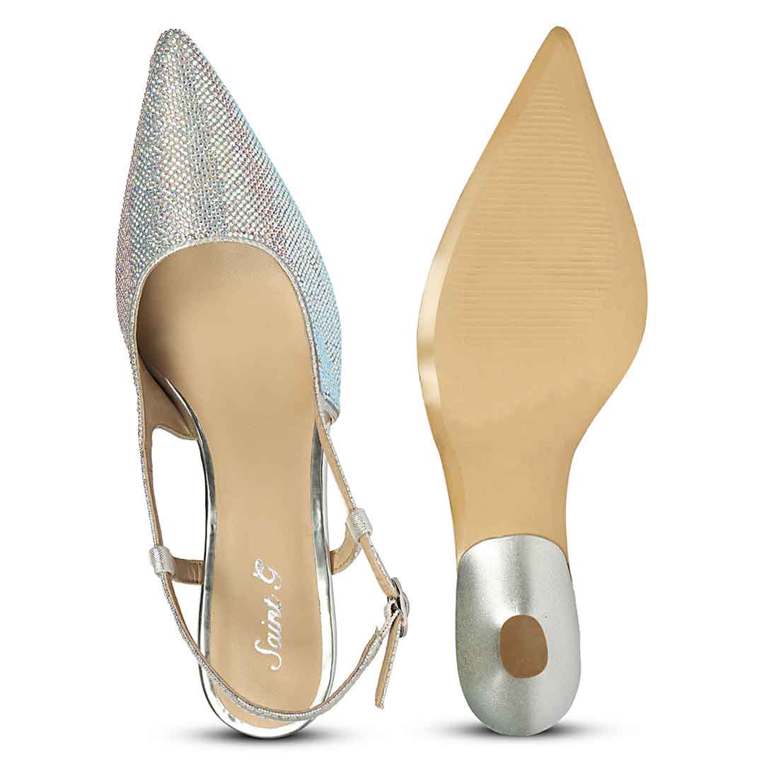 Saint Trinity Crystal Glimmer Slingback Silver Leather Heels