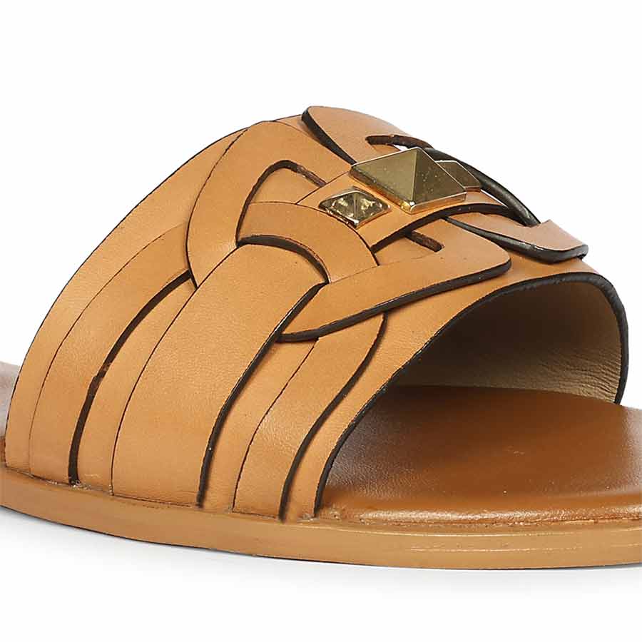 Saint Tyla Tan Leather Pyramid Stud Slides