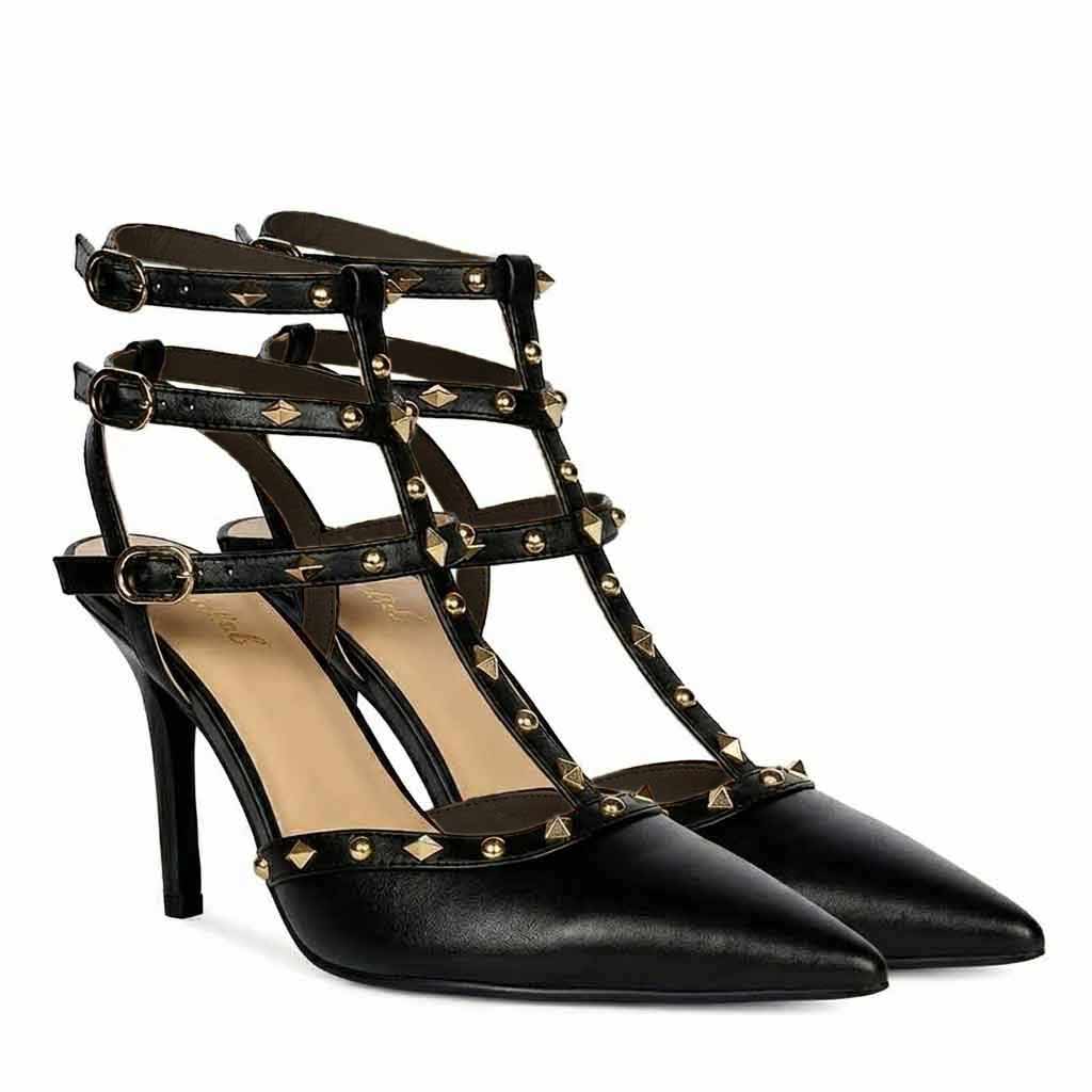 Saint Brittany Studded Cage Black Leather Pumps