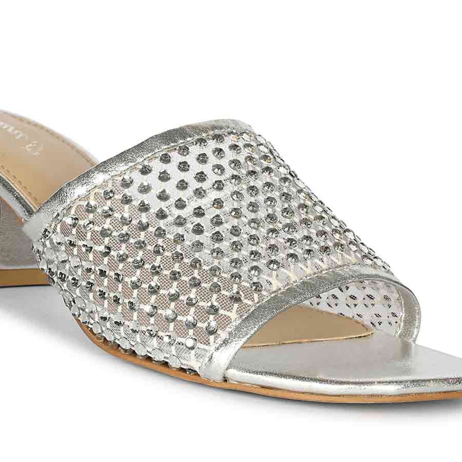 Saint Valisa Crystal Silver Leather Block Heels