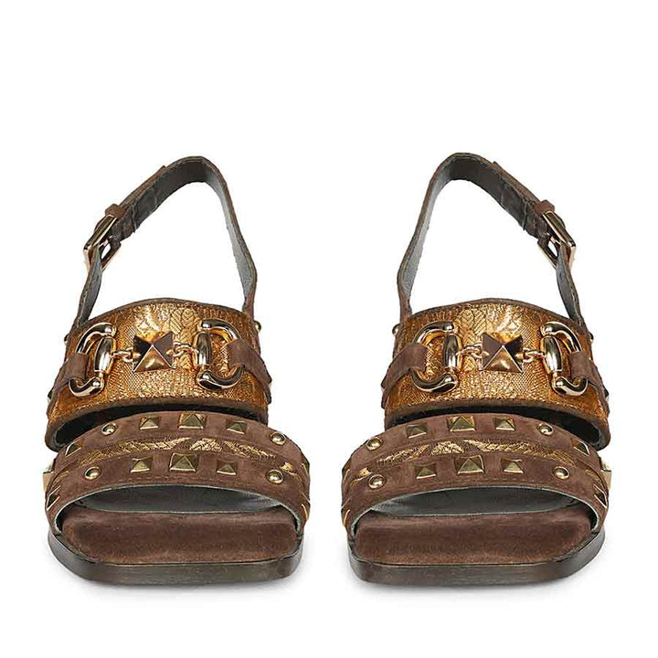 Saint Edie Embellished Metallic Brown Leather Block Heel