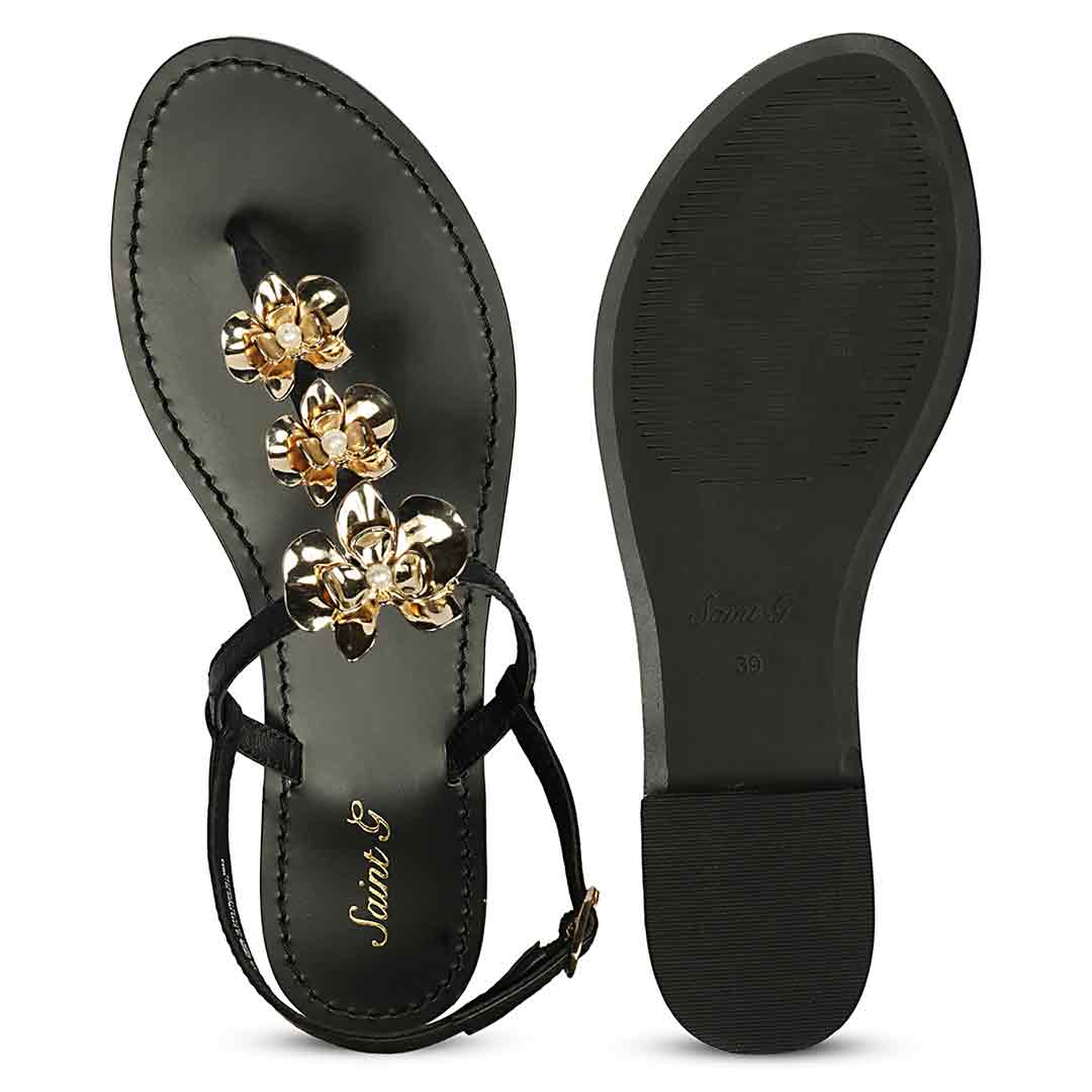 Saint Orion Flower Black Metallic Leather Sandals