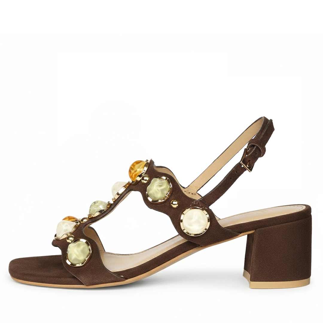 Saint Solira Multi-Stone Brown Suede Leather Block Heels