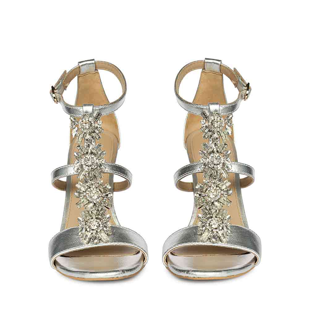 Saint Sydney Crystal Stone Metallic Silver Leather Stilettos