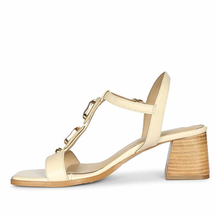 Saint Zoriel Gold Trim Off White Leather Block Heels