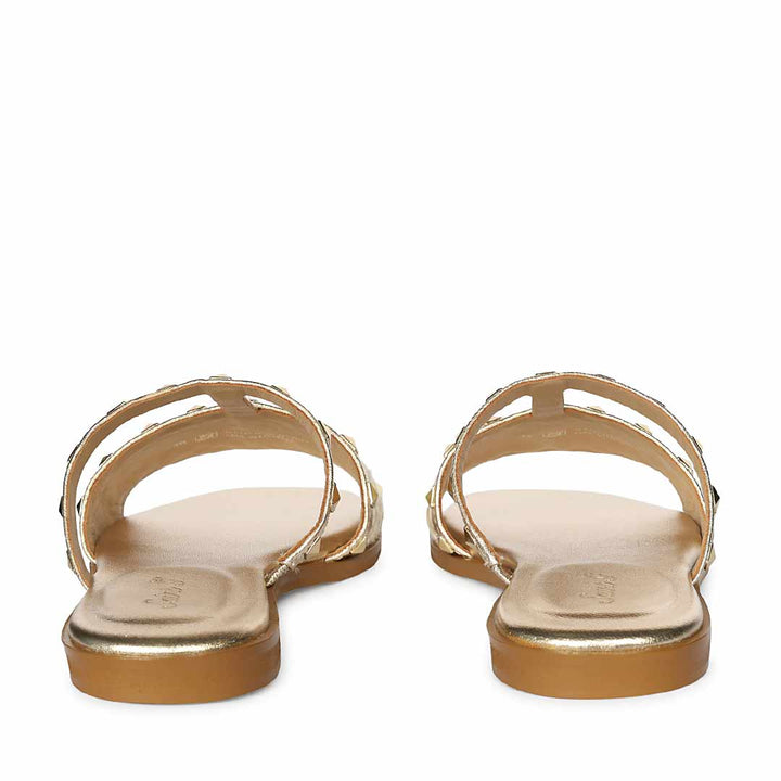 Saint Nylah Raffia & Pyramid Stud Metallic Gold Leather Slide