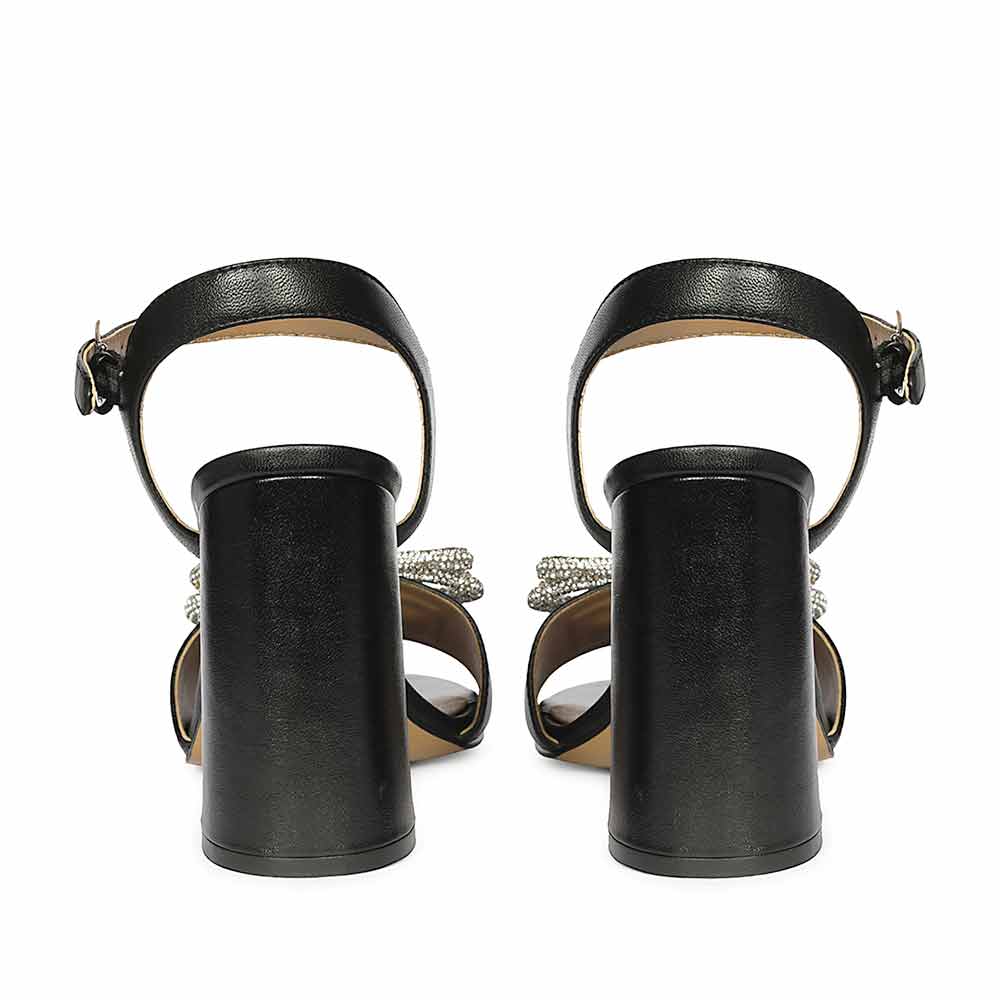 Saint Macy Silver Butterfly Jewel Black Leather Block Heels