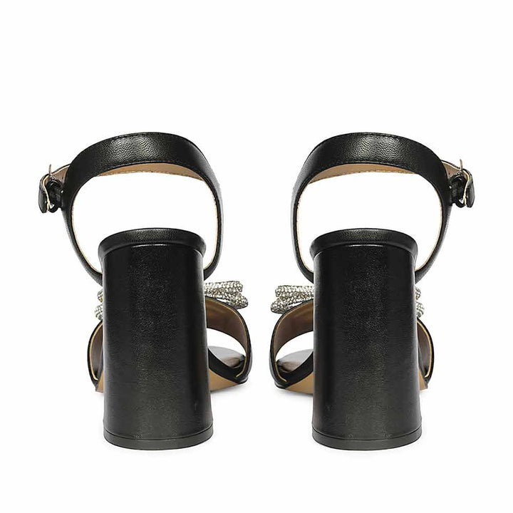 Saint Macy Silver Butterfly Jewel Black Leather Block Heels