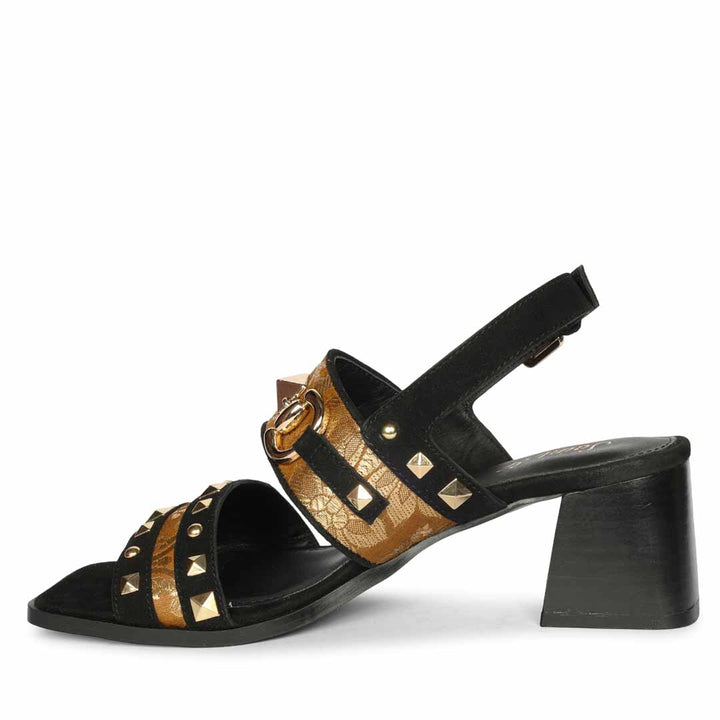 Saint Edie Embellished Metallic Black Leather Block Heel