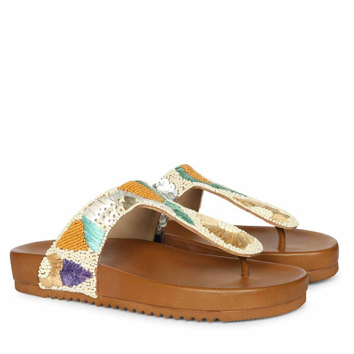 Saint Zaria Embroidered Tan Leather Thong Footbed