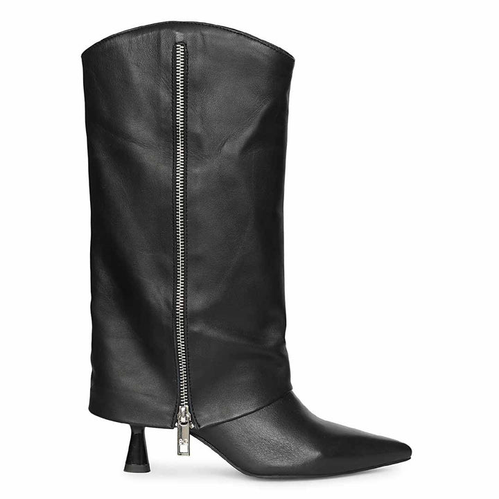 Saint Xiomara Fold-Over Black Leather Mid-Calf Boots