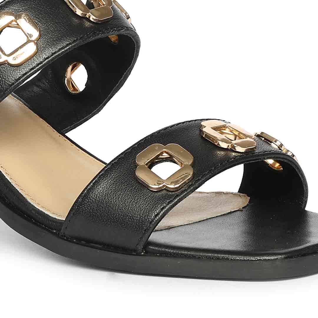 Saint Alviera Gold Flower Eyelets Black Leather Block Heels