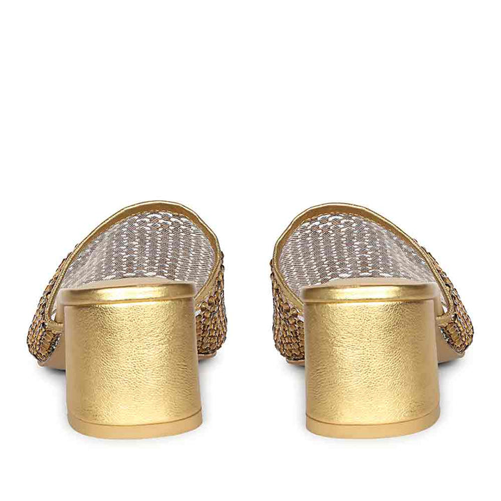 Saint Valisa Crystal Gold Leather Block Heels