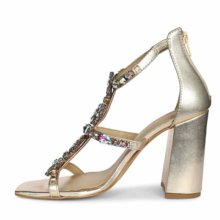 Saint Holly Rainbow Stone Metallic Gold Leather Block Heels
