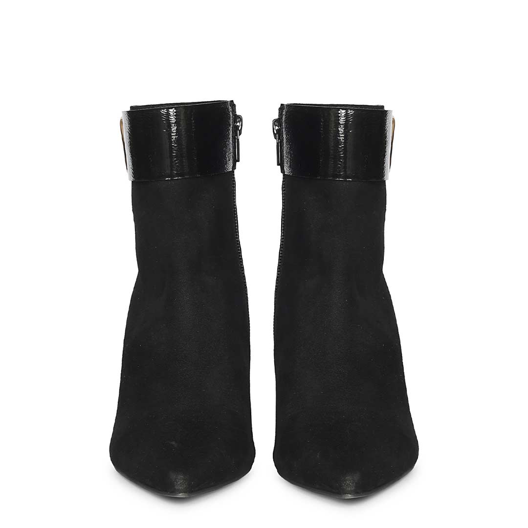 Saint Isabeau Gold Buckle Black Suede Stiletto Ankle Boots