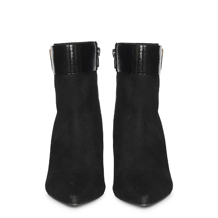 Saint Isabeau Gold Buckle Black Suede Stiletto Ankle Boots