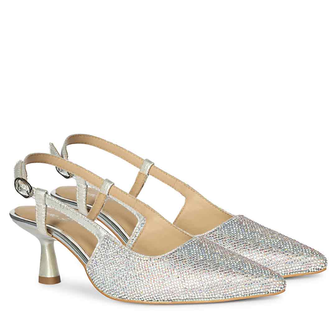 Saint Trinity Crystal Glimmer Slingback Silver Leather Heels