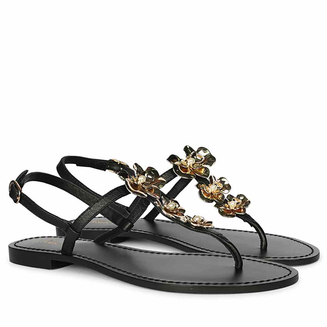 Saint Orion Flower Black Metallic Leather Sandals