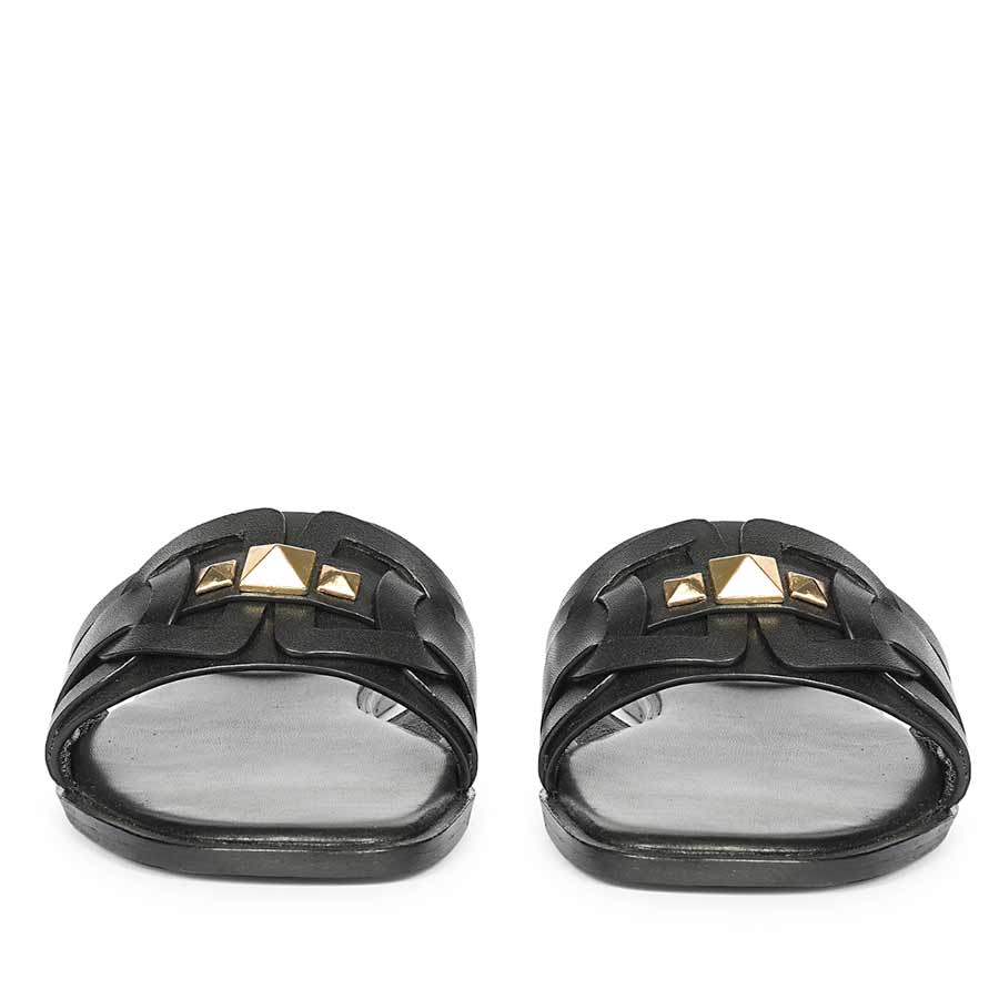 Saint Tyla Black Leather Pyramid Stud Slides