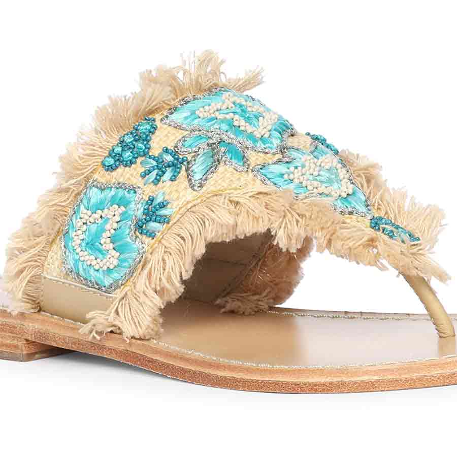 Saint Flora Turquoise Hand-Embroidered Leather Flats