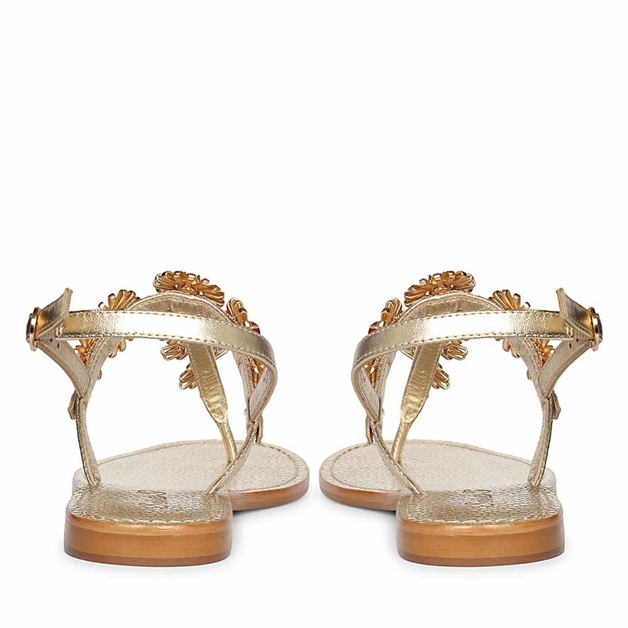 Saint Freesia Red Flower Gold Leather Sandals