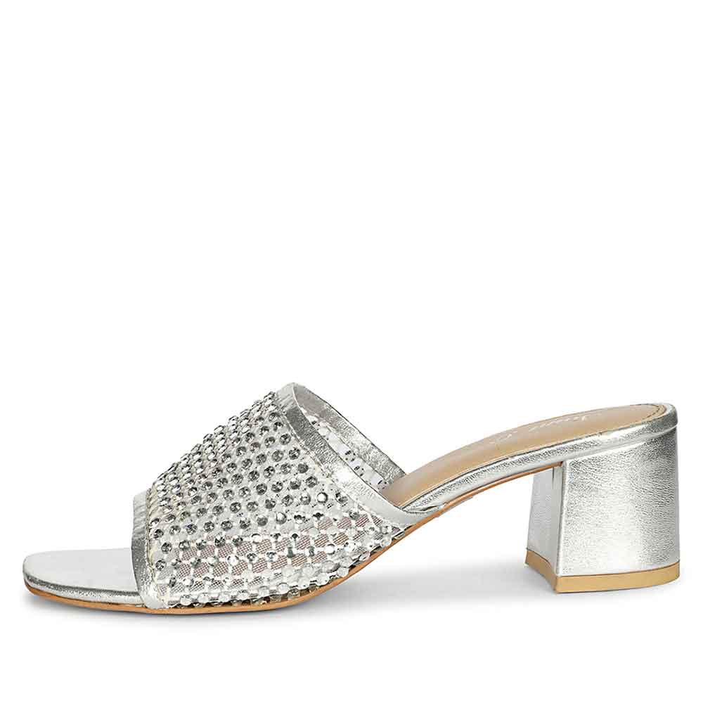 Saint Valisa Crystal Silver Leather Block Heels