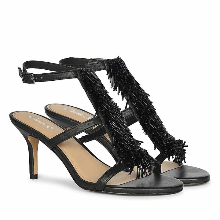 Saint Faye Black Leather Fringe Stilettos
