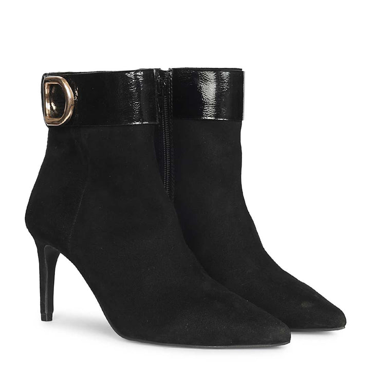 Saint Isabeau Gold Buckle Black Suede Stiletto Ankle Boots