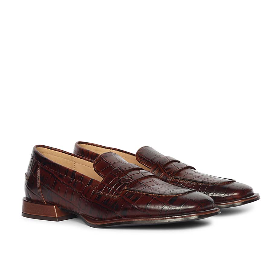 Saint Carla Croco Embossed Chocolate Leather Moccasins