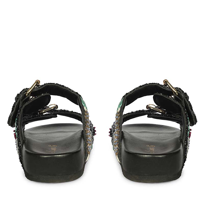 Saint Clio Hand Embroidered Black Leather Footbed Sandals