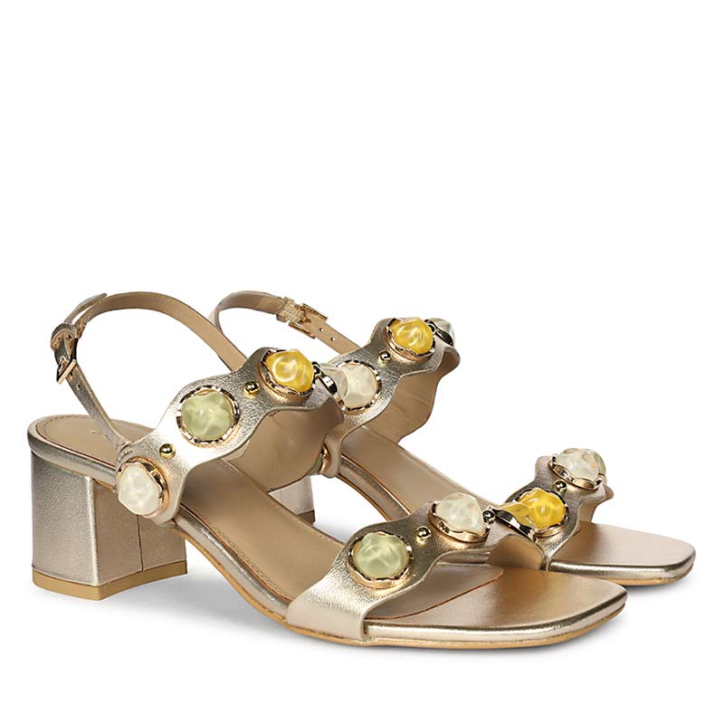 Saint Solira Multi-Stone Metallic Gold Leather Block Heels