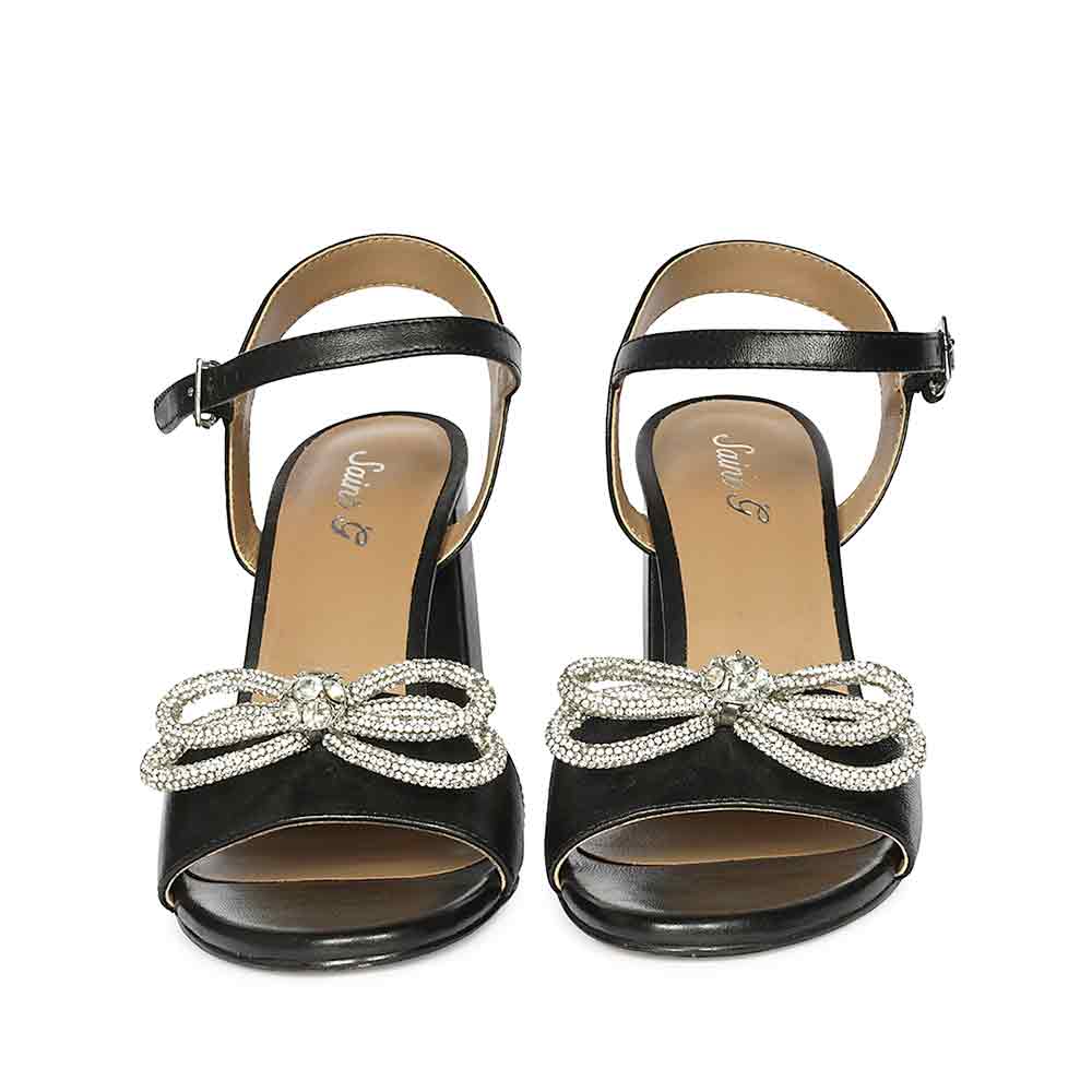 Saint Macy Silver Butterfly Jewel Black Leather Block Heels