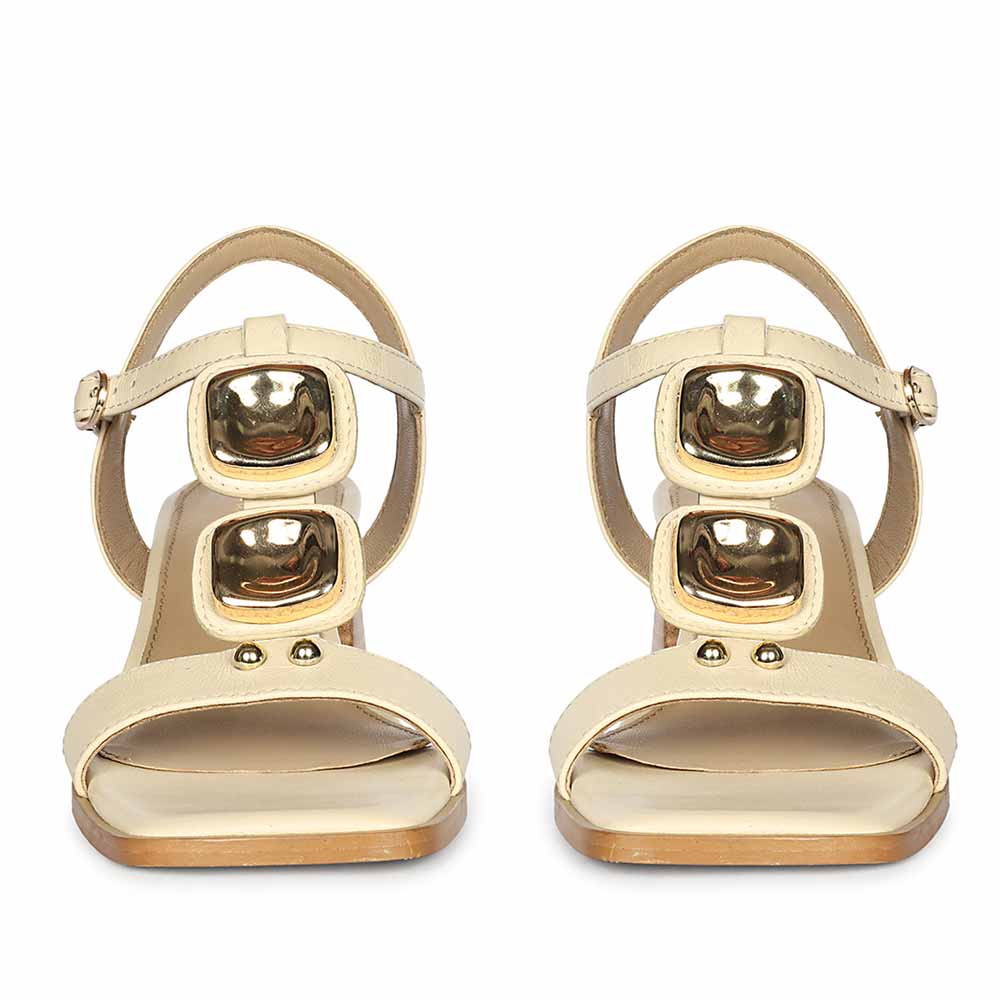 Saint Zoriel Gold Trim Off White Leather Block Heels