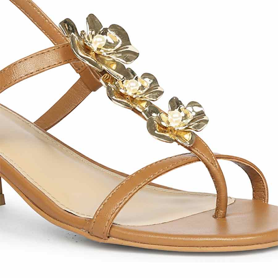 Saint Dorian Gold Flower Tan Leather Block Heels