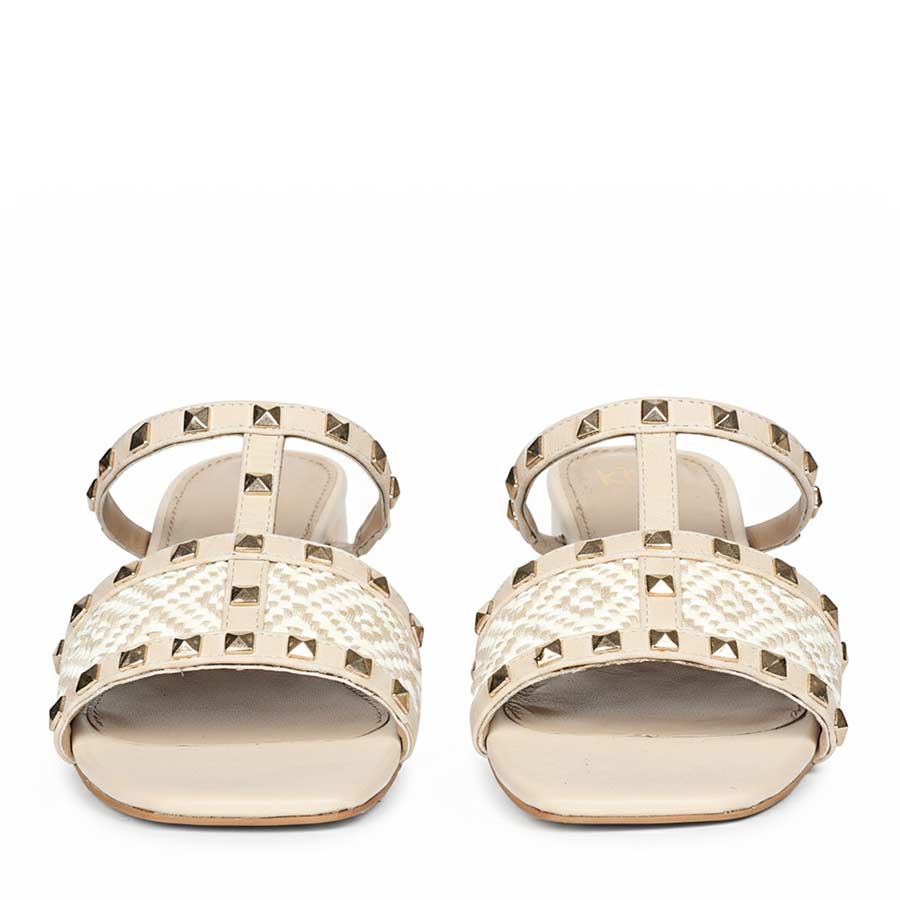 Saint Zafira Pyramid Stud Raffia Beige Leather Block Heels