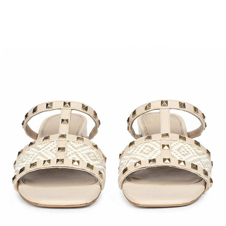 Saint Zafira Pyramid Stud Raffia Beige Leather Block Heels